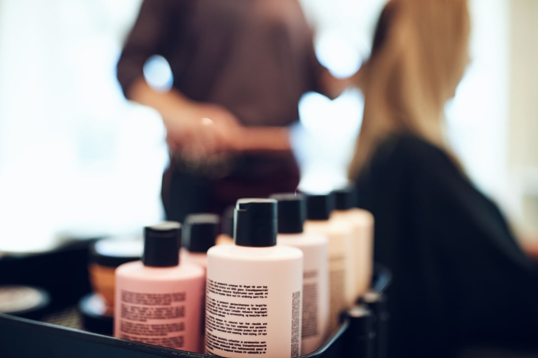 Bottles of Styling Products in a Hair Salon